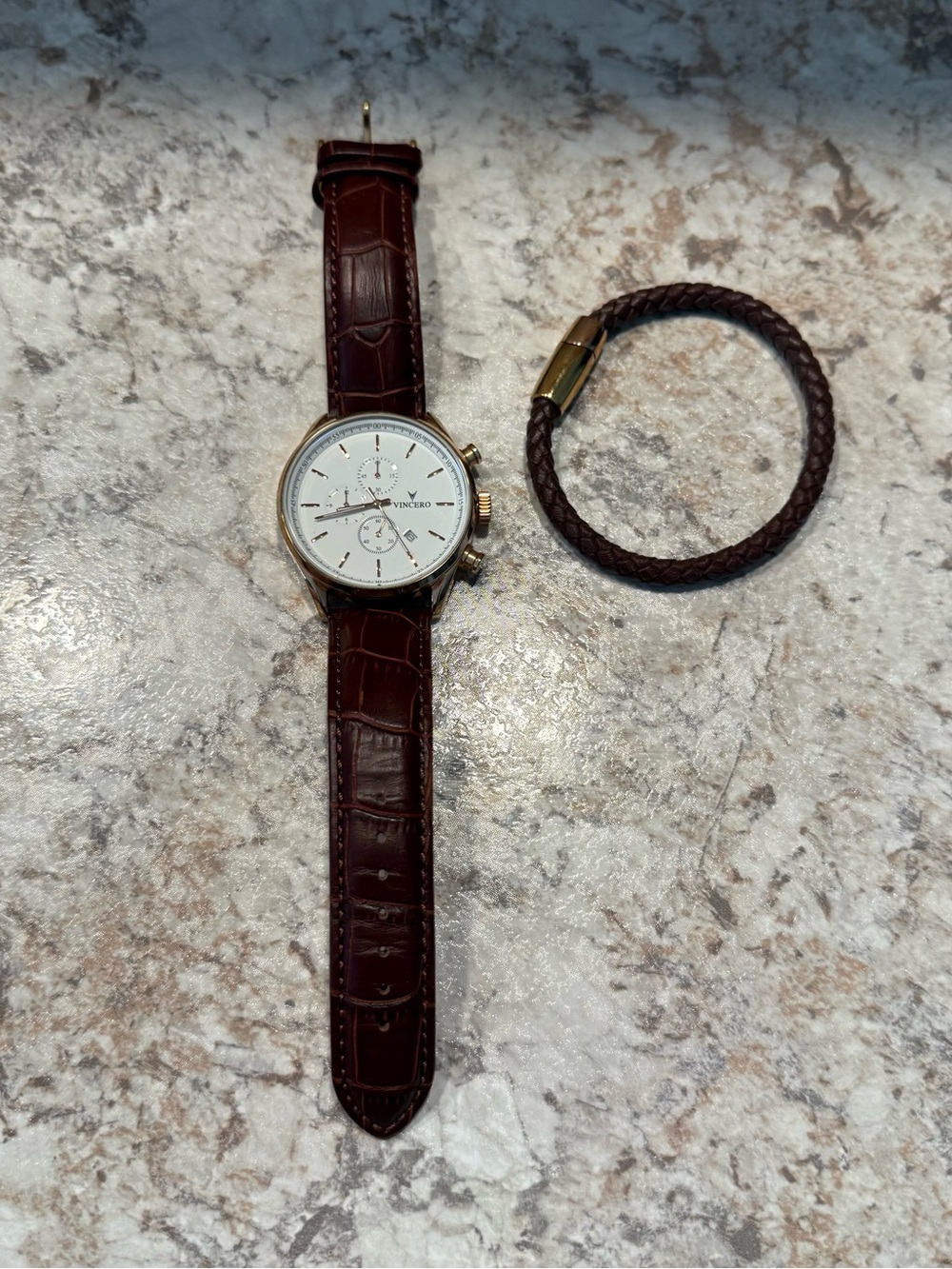 Vincero Brown Leather Strap Chronograph Watch with White Dial